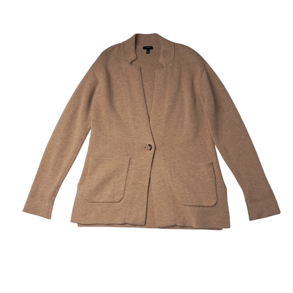 Talbots Knit Blazer Womens Small Tan Lambswool Blend One Button Quiet Luxury
